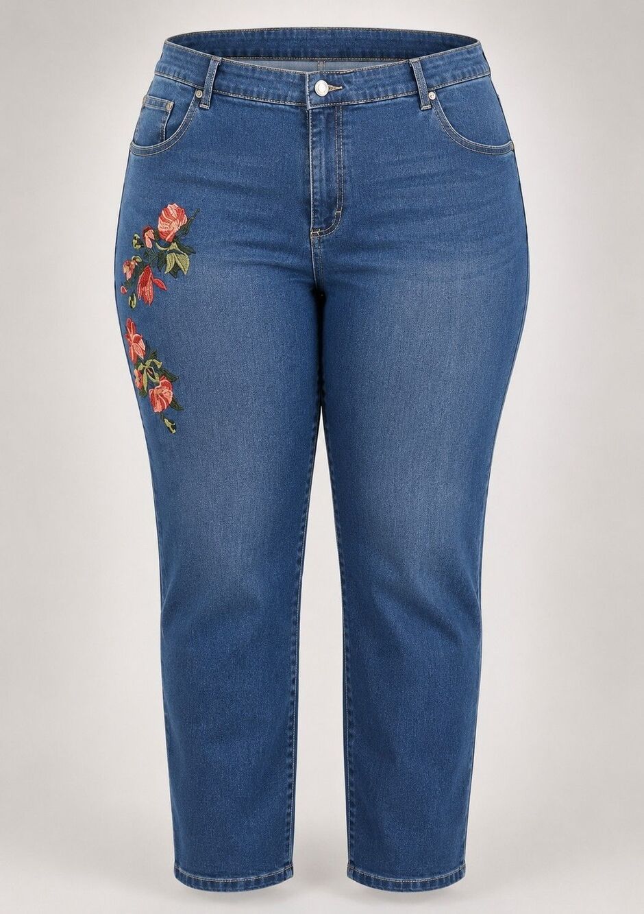 Woman Within Floral Embroidered Stretch Blue Denim Jeans Size 24W Boho